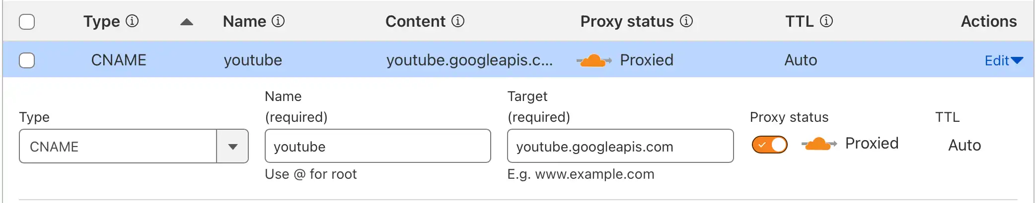 image of cloudflare settings proxying to youtube API’s