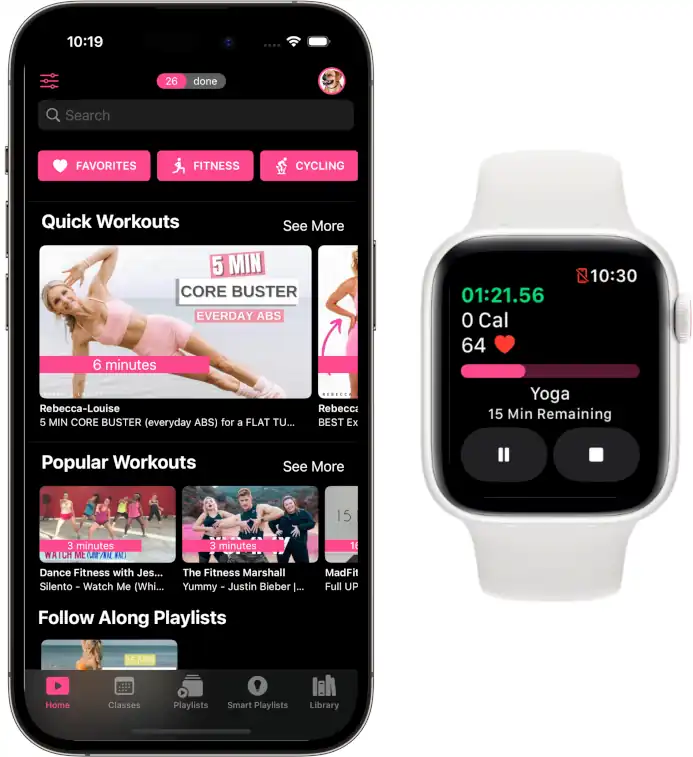 screen shots of MzFit app and MzFit Watch app side by side