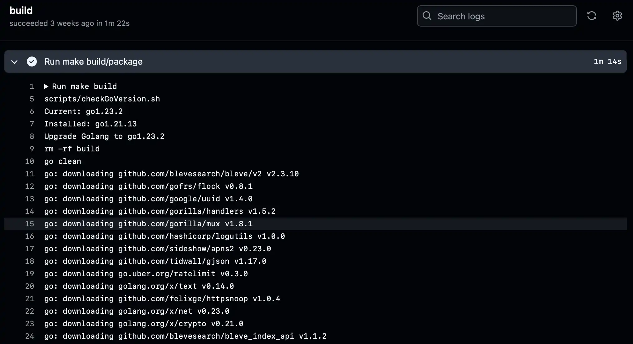 image of GitHub build job downloading go dependencies