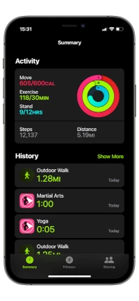 iphone screen shot of workout logged to Apple Fitness App