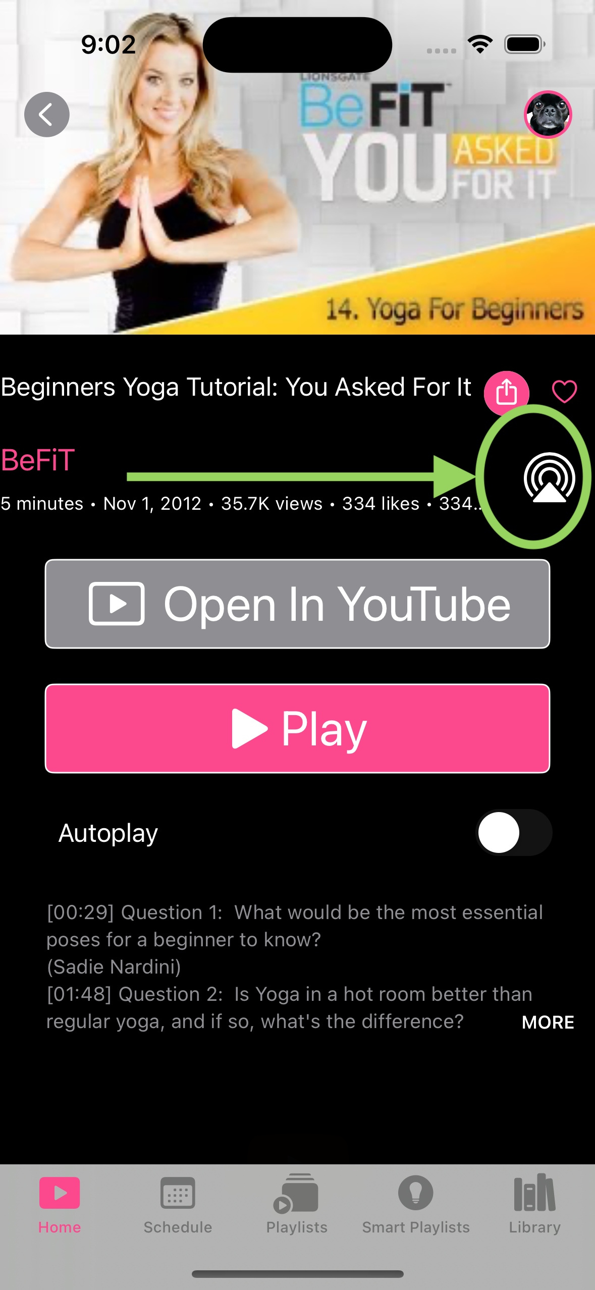 screenshot of MzFit app with AirPlay icon highlighted